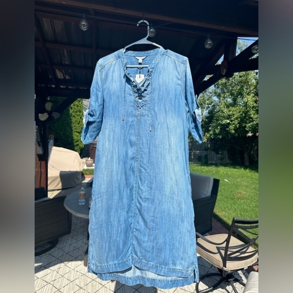 Calvin Klein Brand Short Sleeved Jean Dress with Lace Up Detail Size Large - Picture 6 of 7